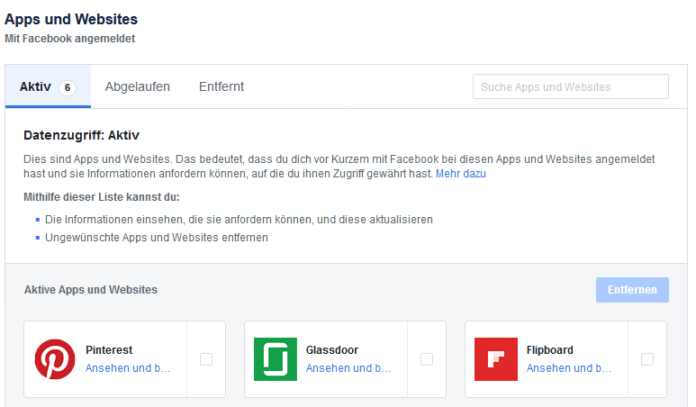 Facebook Apps und Websites - Verknüpfungen mit Facebook-Konto prüfen